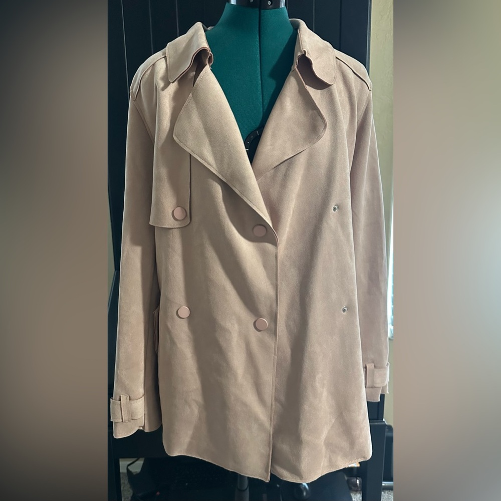 Haute Monde Dusty Pink Faux Suede Belted Trench Coat - Size M - Picture 4 of 11